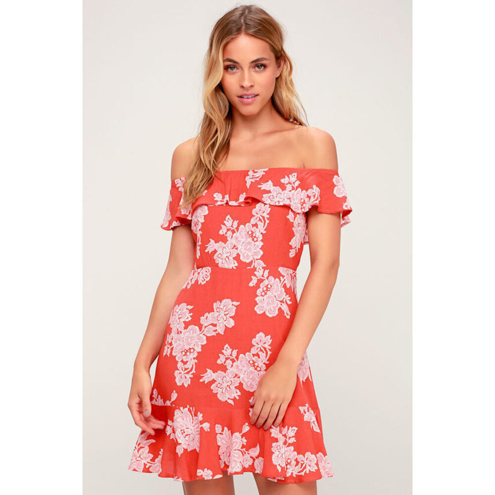 Lulus Sweetest Retreat Coral Pink Floral Print Off-the-shoulder Dress